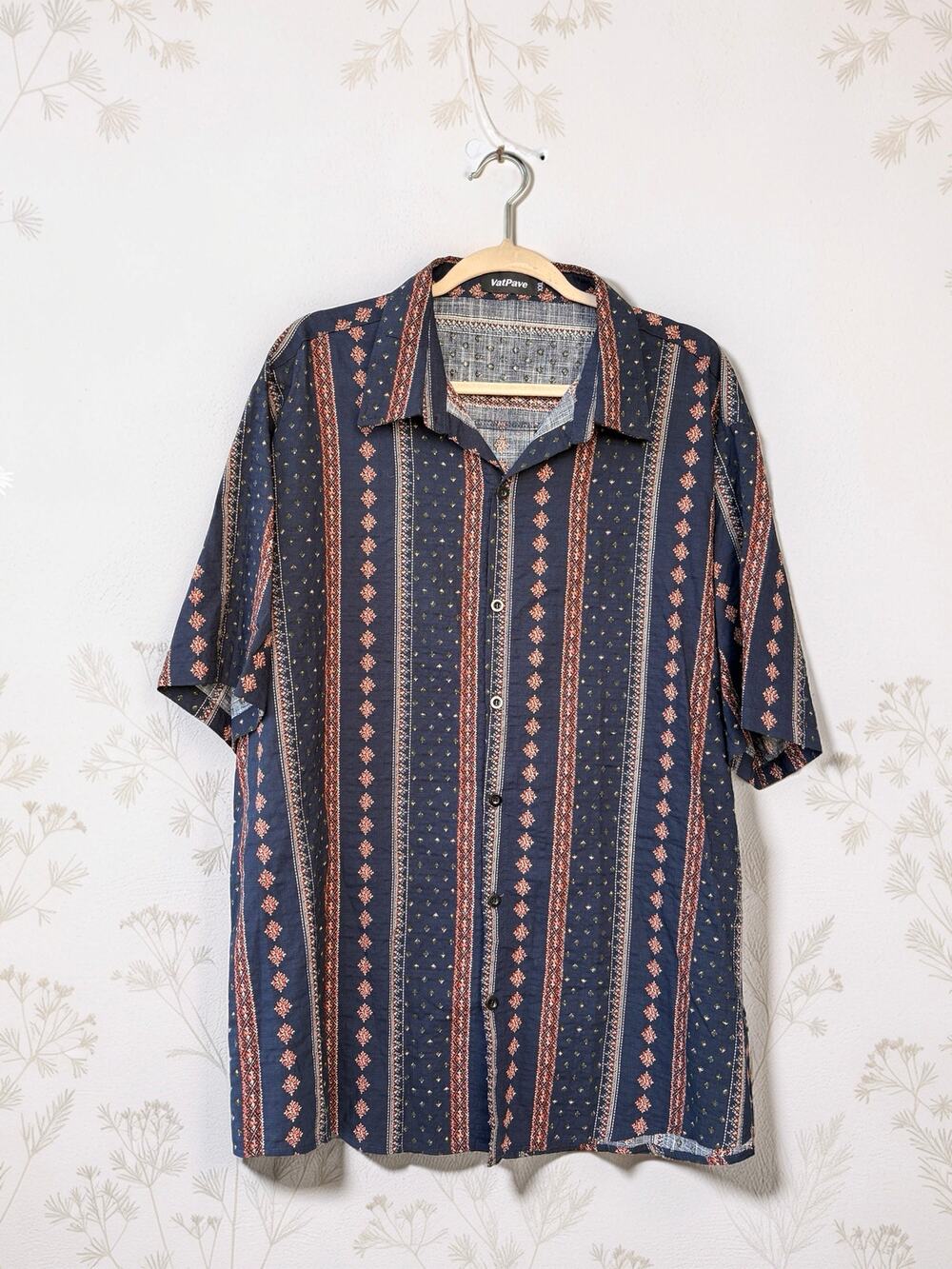 VatPave Men’s XXXL Navy Red Floral Geometric Stripe Short Sleeve Button Up Shirt